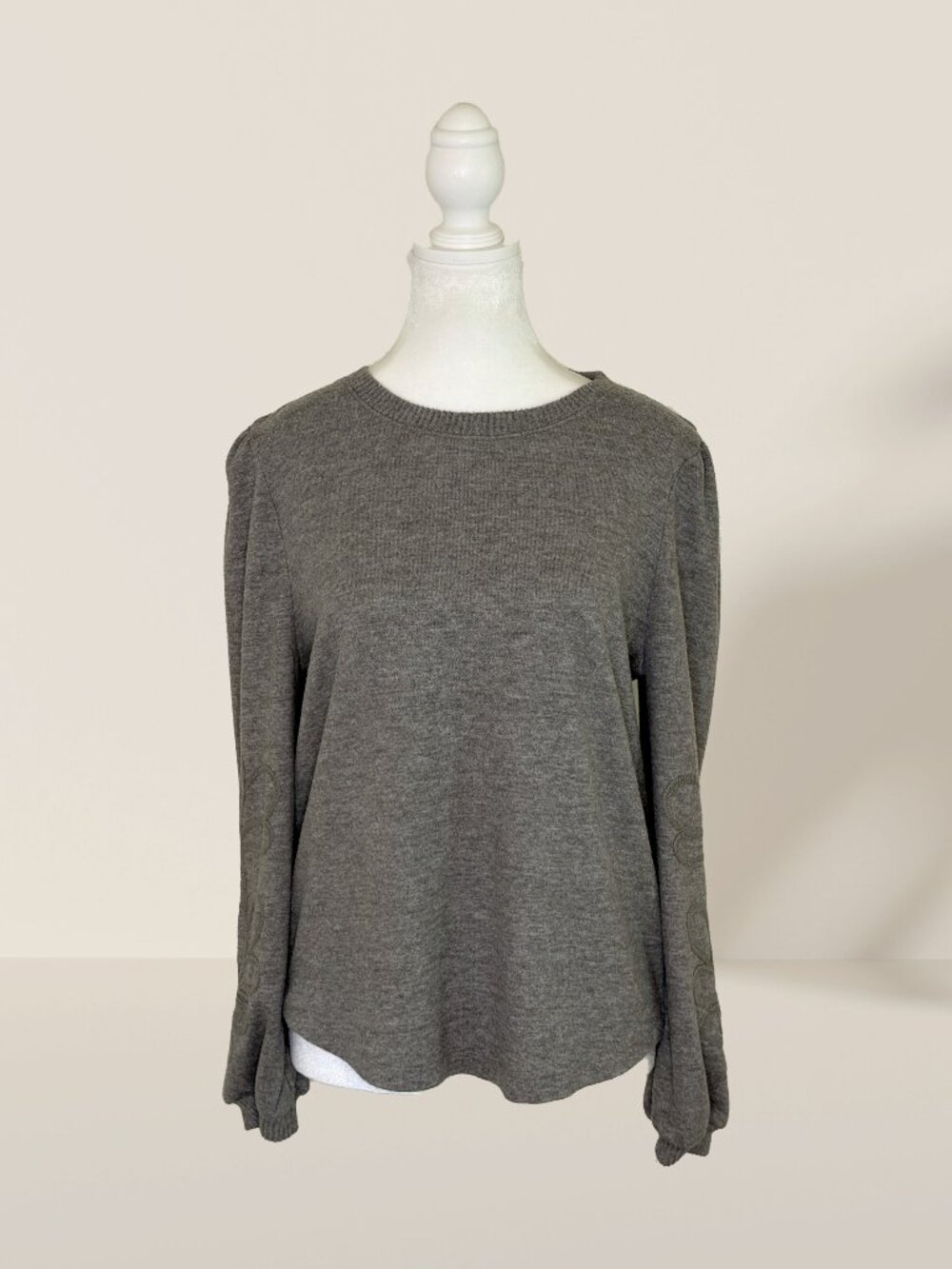 Democracy Heather Gray Soutache Sleeve Knit Sweater Size M | Cozy Crewneck - Picture 1 of 10